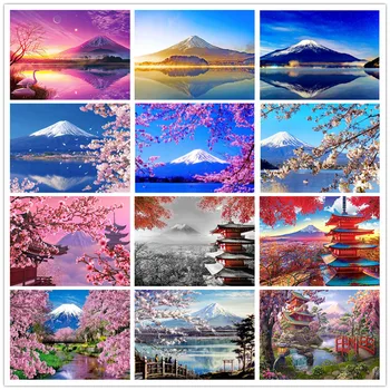 

Full Round 5D DIY Diamond Painting Scenic Japan Mount Fuji Embroidery Cherry Blossoms& Attic Pavilion Cross Stitch Home Decor