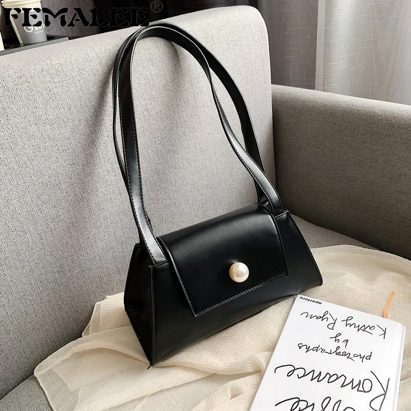 

Fashion Retro Pearl Designer Handbag Women Solid Luxury Baguette Bag Lady 2019 New PU Leather Shoulder Bag Vintage Sac A Main
