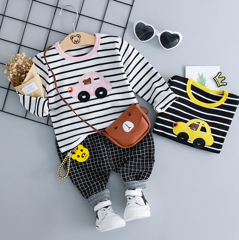 

Spring Autumn Infant Clothing Sets Boys Girls Clothes Outfit Kids Children Casual Stripe Cartoon Car T Shirt Plaid Pants