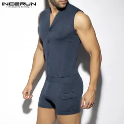 INCERUN Comfortable Homewear New Men's Onesies Casual Comfortable Solid Color Rompers Breathable Sleeveless Jumpsuit S-5XL 2021