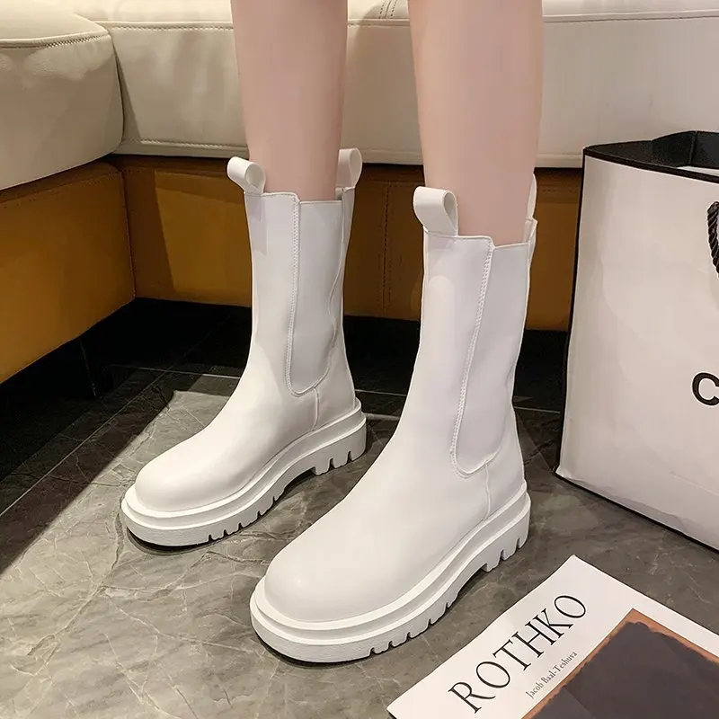 Arreglo Interrupción Absoluto Botas estilo Martin para mujer, Botines Chelsea de suela gruesa, de tubo  medio, color blanco, temporada otoño e invierno, 2021 - AliExpress Calzado