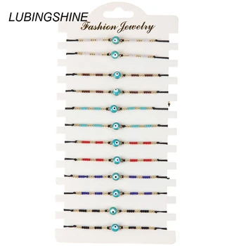 

12 Pcs/lot Green Evil Eyes Seed Beads Bracelets Set for Women Adjustable Handmade Bracelet Yoga Wedding Jewelry Pulsera Hombre