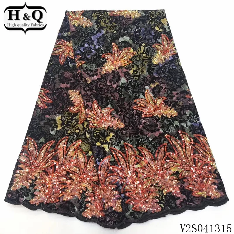

H&Q popular style african mesh lace velvet fabric embroidery with sequins 5 yards/piece nigerian laces fabric for garment sewing
