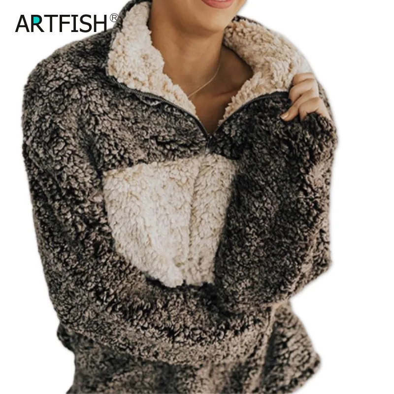 

Winter Fashion 2019 Autumn Zipper Pocket Female Woolen Coat Streetwear Patchwork Pullovers Turn-Down Collar Long Sleeve GV794