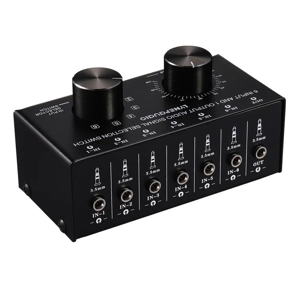 

6 Input 1 Output Audio Signal Selection Switcher Output Volume Adjustment Control 3.5mm Interface