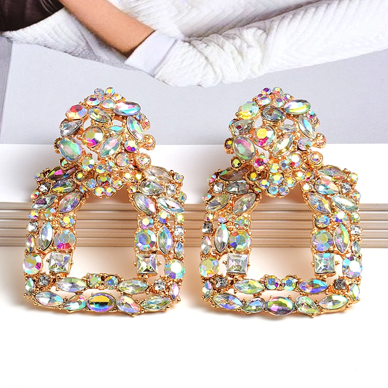 New Arrival Colorful Crystals Square Metal Drop Earrings High-Quality Fashion Rhinestone Jewelry Accessories For Women Wholesale | Украшения