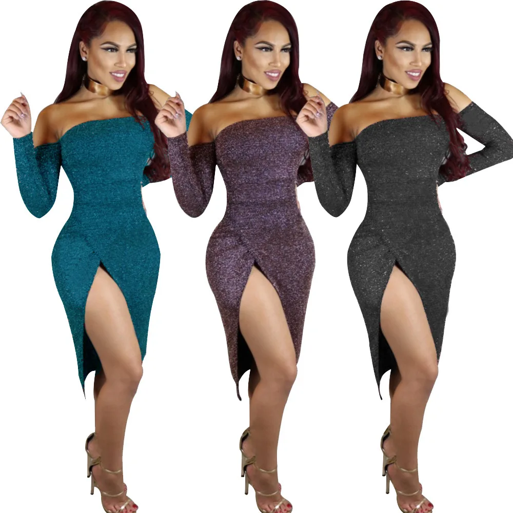 

One Word neck Dress Europe Style Women Hot Bag hip dress Vented Off Shoulder Sparkling Dresses Vesridos