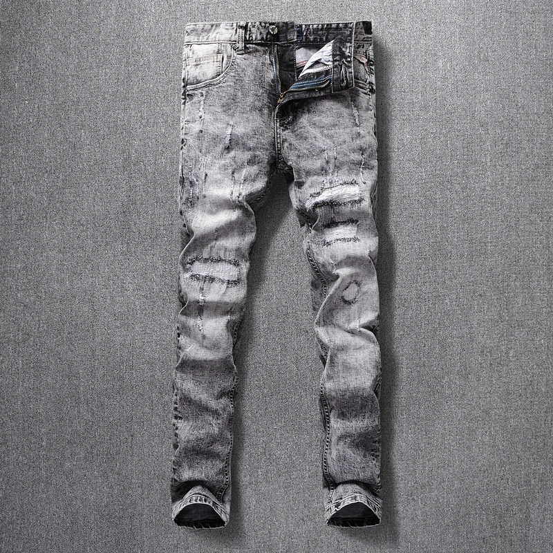 

Fashion Streetwear Men Jeans Retro Gray Slim Fit Destroyed Ripped Jeans Men Elastic Vintage Designer Pants Hip Hop Jeans Homme