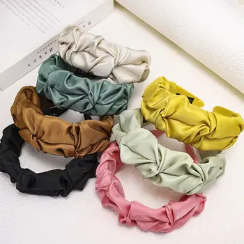 

Korean Women Sweet Elegant Wide Headband Bright Solid Candy Color Hair Hoop Wrinkled Ruched Cloth Wrapped Retro Headwear