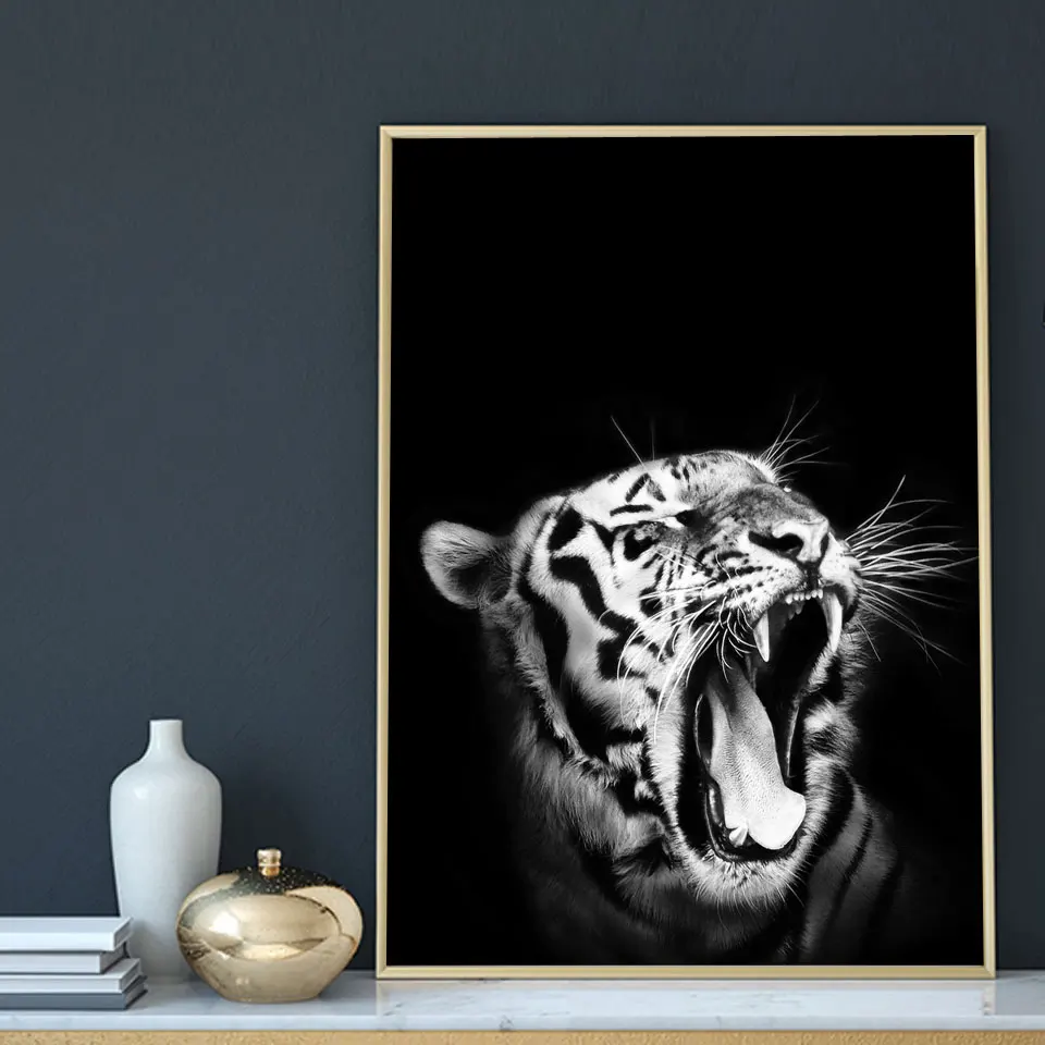 Nordic Animal Posters and Prints Black White Roaring Tiger Canvas Painting Wall Art Pictures Modern Home Decoration | Дом и сад