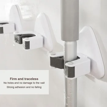 

Easy Install Home Wall Mounted Broom Holder Self Adhesive Mop Rack PP Space Saving Non Drilled Office Kitchen Bathroom Universal
