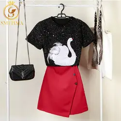 Новое поступление 2019, летняя женская футболка с вышивкой в виде лебедя, топ + красные пуговицы, Женская юбка, комплект