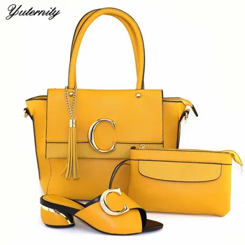 

2021 New Fashion Pu Leather Woman Middle Heels Slipper Shoes And Bag Set New Italian Style Pumps Shoes And Bag Set For Party