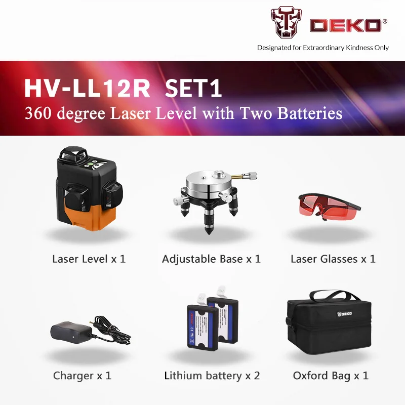 DEKO HV-LL12, 12 линий, 3D лазерный уровень, самонивелирующийся, 360 градусов, горизонтальный и вертикальный крест, мощный, открытый, можно использовать детектор - Цвет: Red Laser Set 1