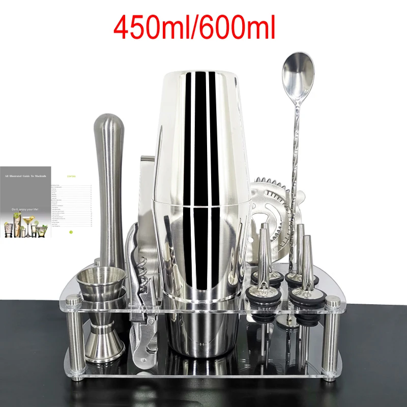 Cocktail Shaker Stainless Steel Bar Tools 13-Piece Bartender Kit With Stand and Recipes Booklet Reusable Ice Cubes