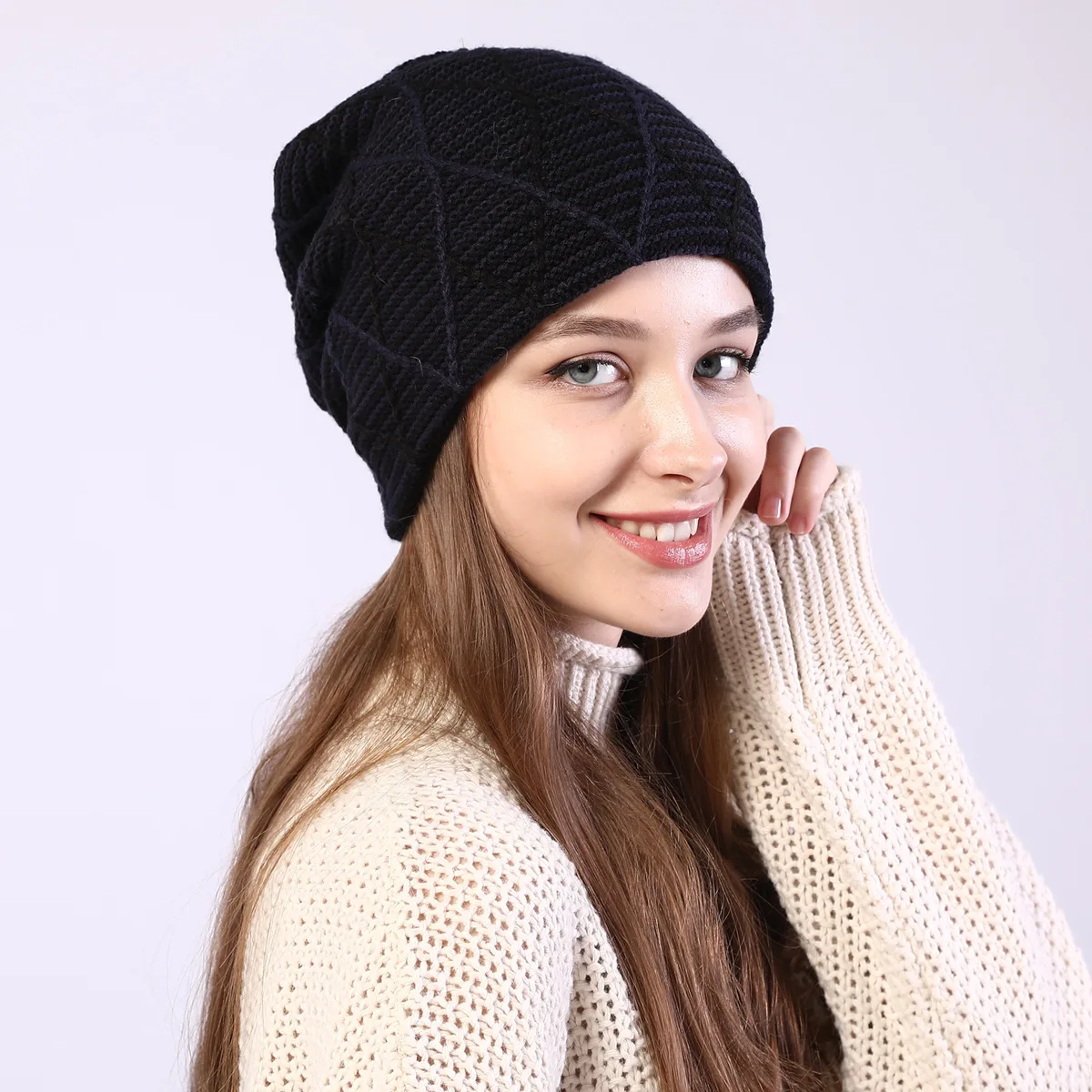 OMEA Diamond Plaid Knitted Beanie Hat for Women Beanies for Ladies Winter Skullies Hat Adjustable Pullover Plus Velvet Beanies