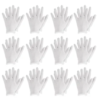 

12 Pairs White Reusable Elastic Soft Cotton Work Gloves For Dry Hand Moisturizing Cosmetic Eczema Hand Coin Jewelry Inspection