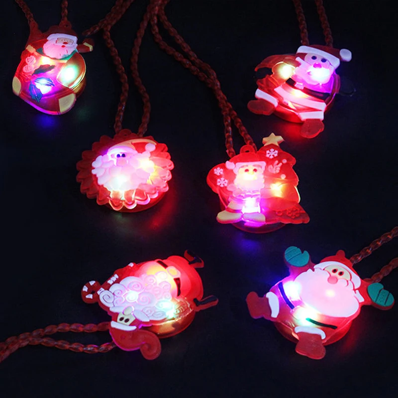 

12pcs Sale Led Dance Christmas Santa Claus Light Up Led Necklace Glowing Flashing Pendant Toys Party Xmas Gift For Kid