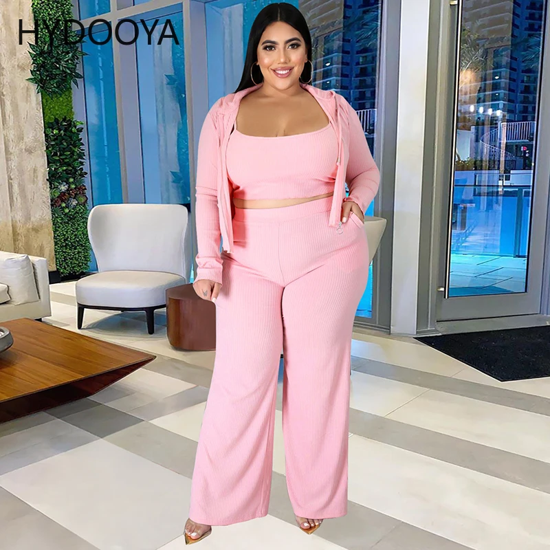 Plus Size 3 Piece Sets Women Clothing Chic Full Sleeve Hooded Coat+camisole Crop Top+loose Wide Leg Pants Dropshipping Wholesale