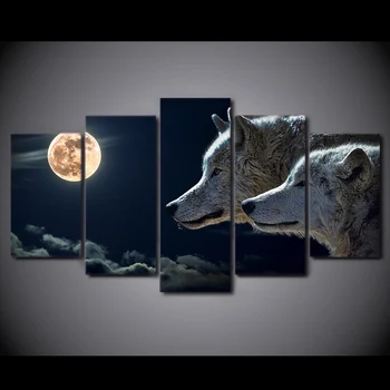 

5 Panel Canvas Art White Wolf Full Moon Night Painting Modular Wall Pictures For Living Room Modern Canvas Painting