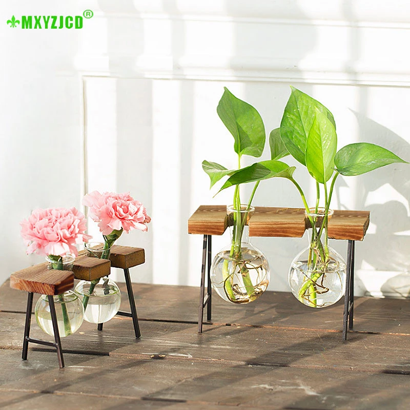 

Wood Frame Hydroponic Transparent Glass Vase Desktop Plant Glass Container Office Living Room Retro Potted