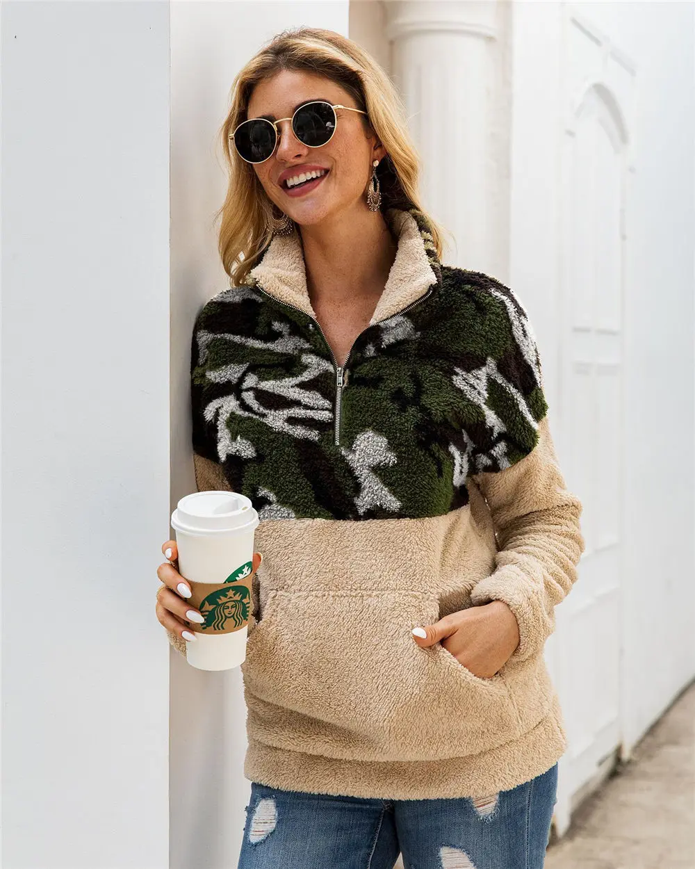 Шерпа флисовый свитер женский Камуфляжный Пушистый пуловер с косой молнией плюс размер 3XL Тедди свитера Зима Осень Теплый Камуфляж Топы