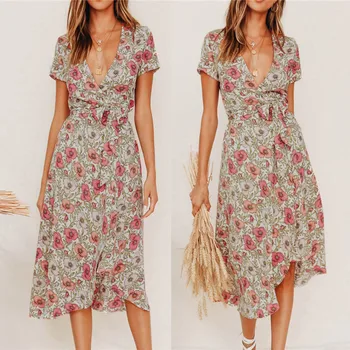 

Summer Dress Women's Sexy V Neck Plaid Print Strap Bow Down Swing Dress Princess Dress robe chemise femme#45