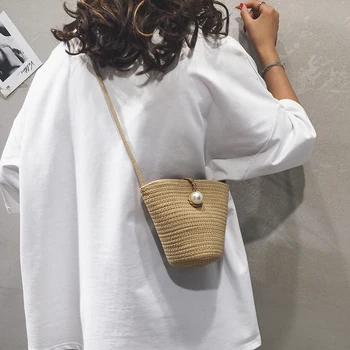 

Sen woven bucket bag handbags new 2019 summer straw bag cross package Korean version of the wild shoulder Messenger bag