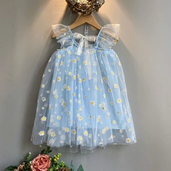 

2020 New Girl Fashion Dress Little Daisy Yarn Dress Fresh Little Flowers Beige Blue Sleeveless Tutu Dress For Girls