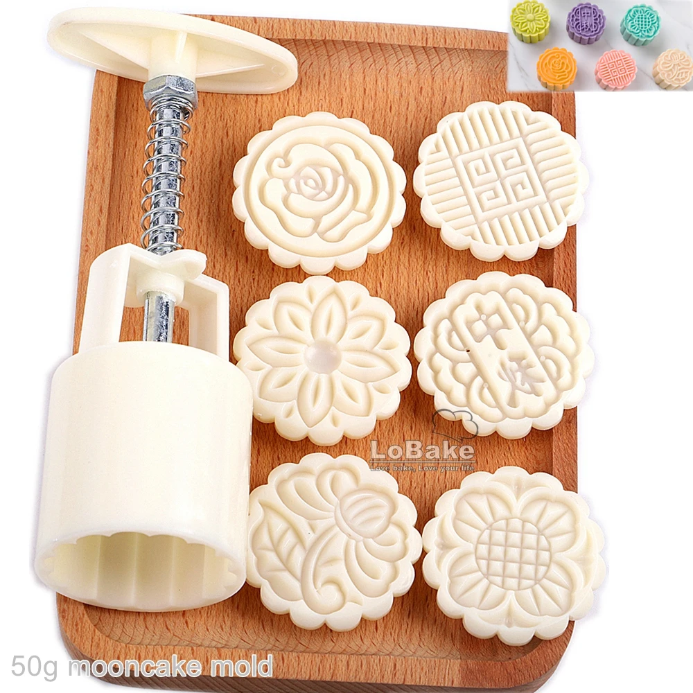 6 Flowers Stamps 50g Round Pastry Mooncake Mold Chinese DIY Cookies Mould New 