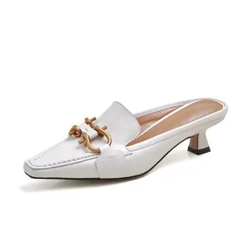 

100% cow leather 4.5cm thin heels shoes woman slippers poined toe summer shoes woman Fashion Mules Slipper ladies Shoes