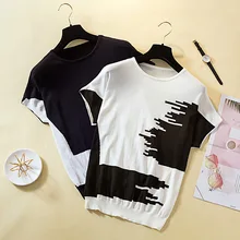 Большой Размеры платье в Корейском стиле с коротким рукавом и асимметричным узором вискозный трикотажный пуловер Для женщин платье свободного кроя футболка Для женщин