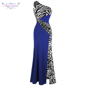 

Angel-fashions Women's One shoulder Zebra Pattern Splicing Evening Dress Long Formal Party Gown 072