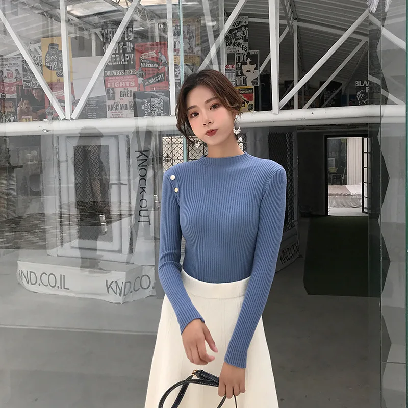 Autumn winter new solid interior sweater tight half high collar button long sleeve knitwear women's slim Pullover sweater