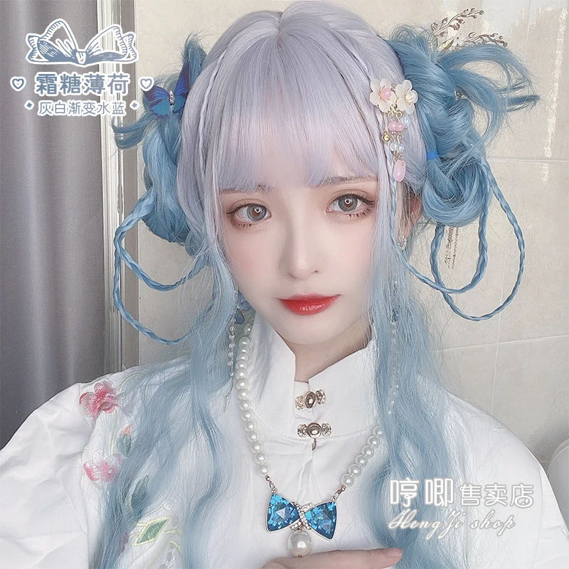 

Женский парик длинные вьющиеся волосы Лолита натуральный белый градиент девушка круглое лицо двойной хвост jk парик