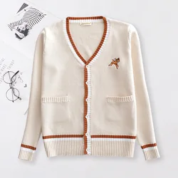 2021 Autumn Winter New Retro Sweet Japanese Loose JK Uniform Cardigan Sweater Fawn Embroidery Student Cute Sweater Shirt BowTie