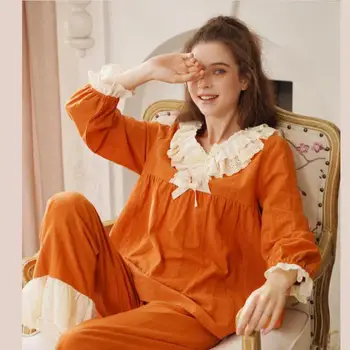 

Autumn Cute Princess Pajamas Two-piece Long Sleeve Lace Ruffle Round Neck Pyjamas Palace Loose Stitching Casual Home Nightsuit
