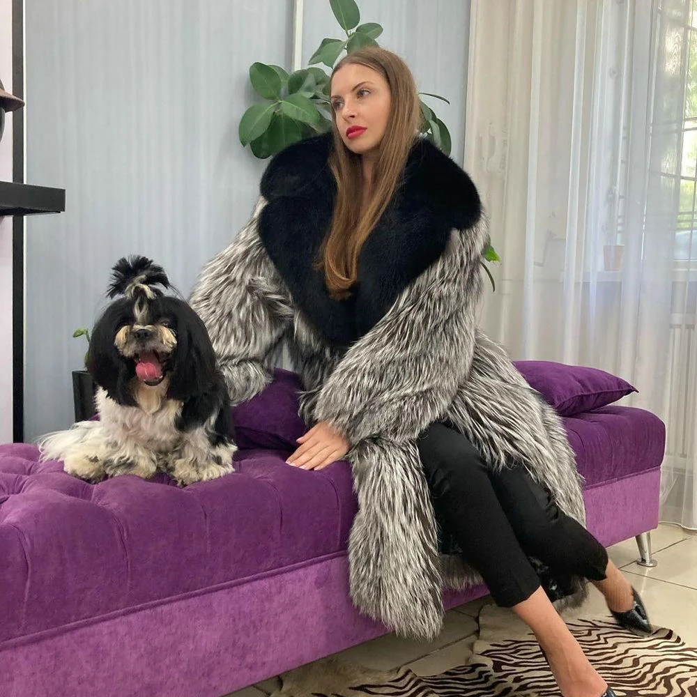 Fashion X-long Real Silver Fox Fur Coat Turn-down Collar 2022 New Trendy Woman Winter Whole Skin Genuine Silver Fox Fur Overcoat