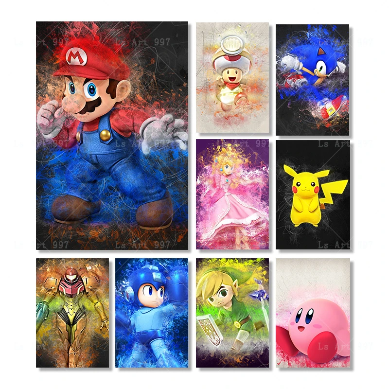 スーパーマリオピカチュウグラフィティアートキャンバス絵画ポスター現代のストリート写真家の子供の寝室の漫画の壁の装飾cudros Painting Calligraphy Aliexpress