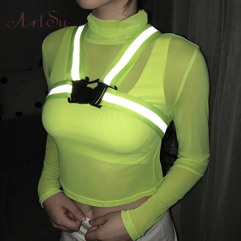

ArtSu Reflective Neon Green Top Turtleneck Crop Top Long Sleeve T-shirt Women Sexy Transparent Tee Shirt Streetwear ASTS21153