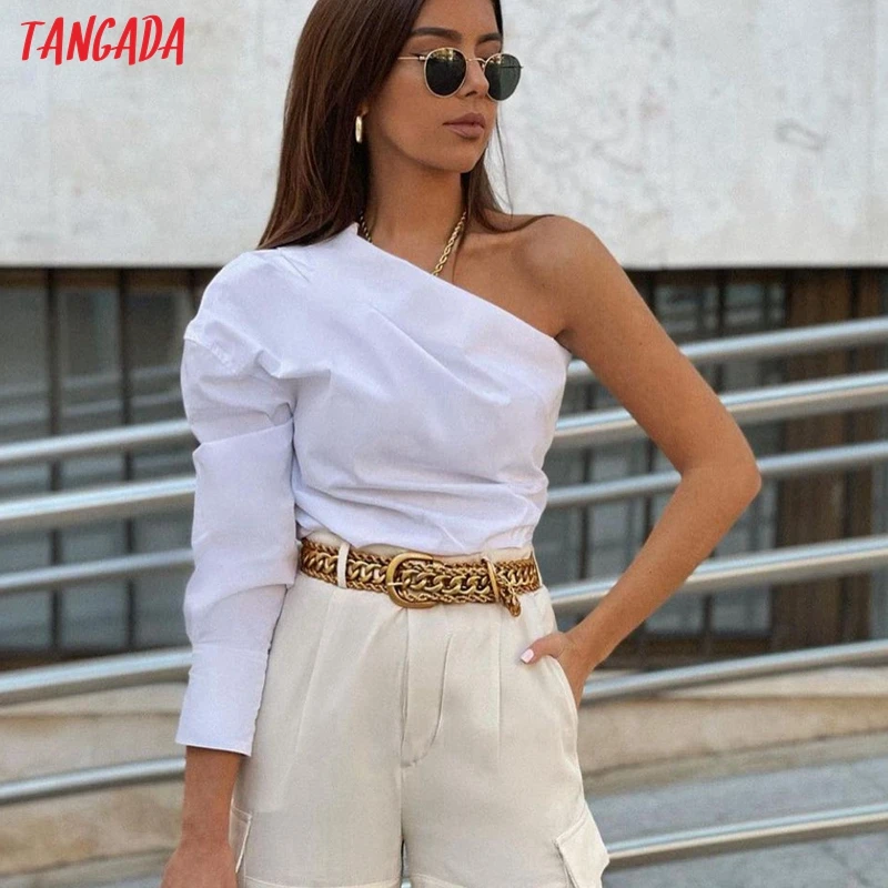 Женская укороченная рубашка Tangada с открытым плечом белая в стиле ретро пикантный
