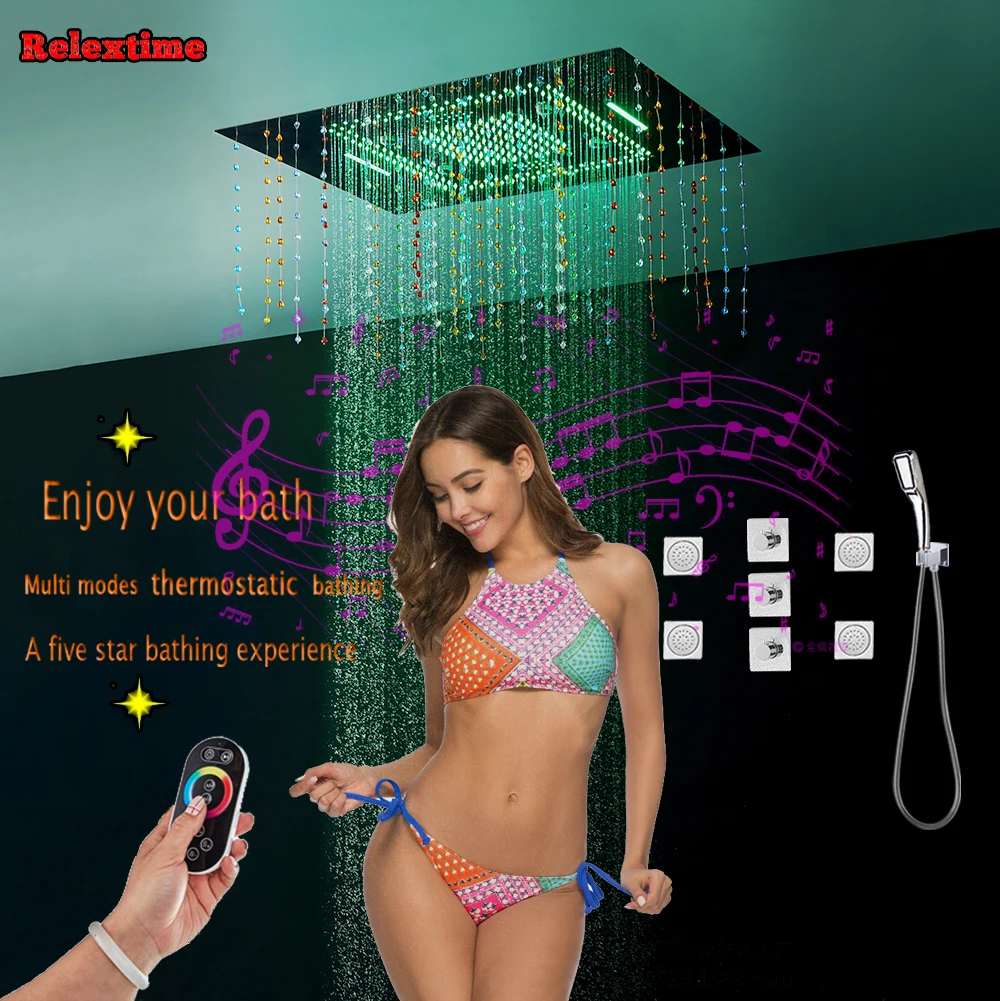 

Crystal Pendant Bluetooth Music LED Ceiling Shower Head Large-flow Bathroom Concealed Thermostatic Shower Set Faucet massage Jet