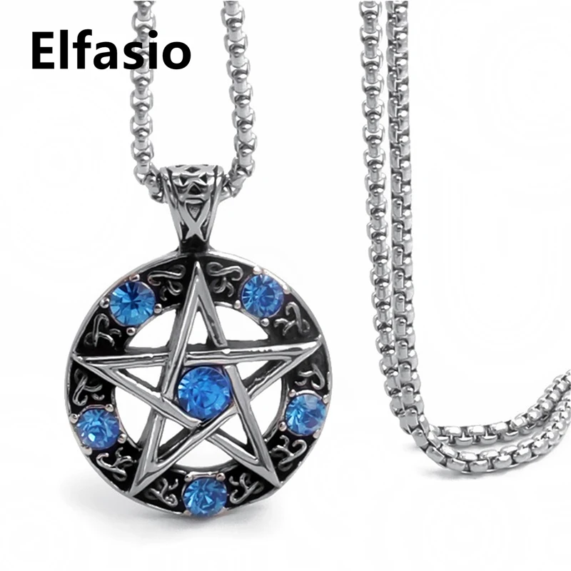 Elfasio Celtic Wicca Pentagram Star Men Women Stainless Steel Necklace Blue/Red/Black/White/Purple Amulet Pendant Chain 2