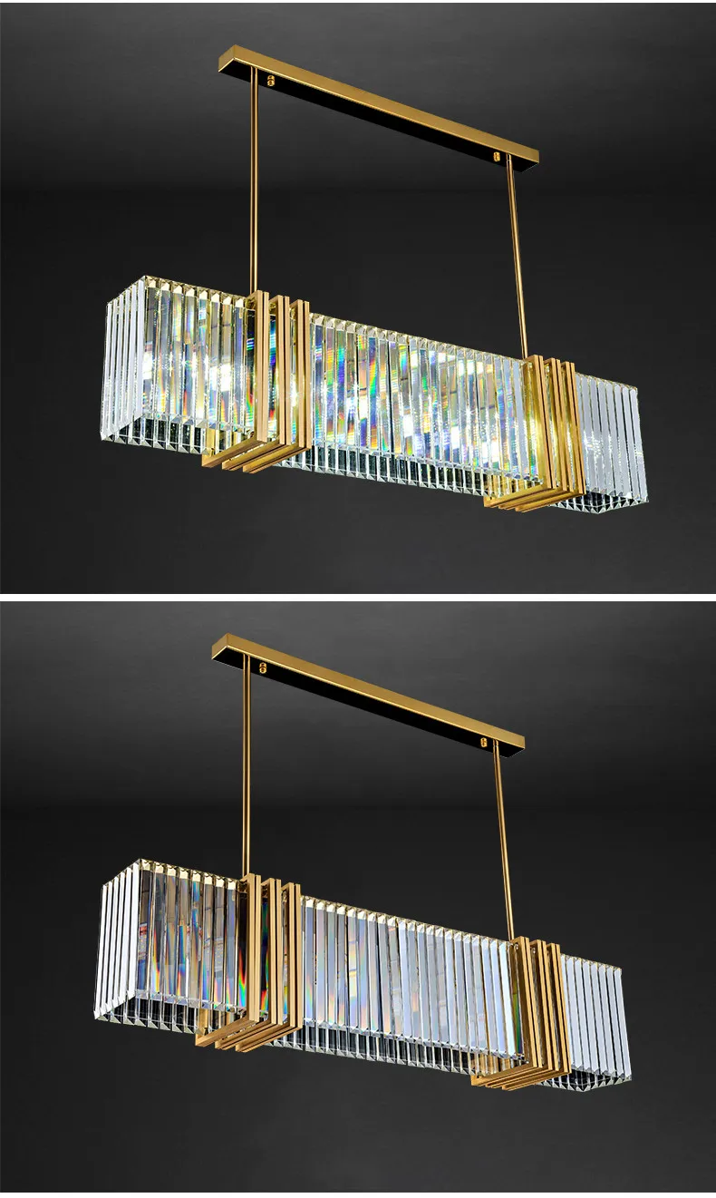 Modern rectangle crystal chandelier dining room hanging light fixture brushed gold kitchen island led cristal lustre lamp