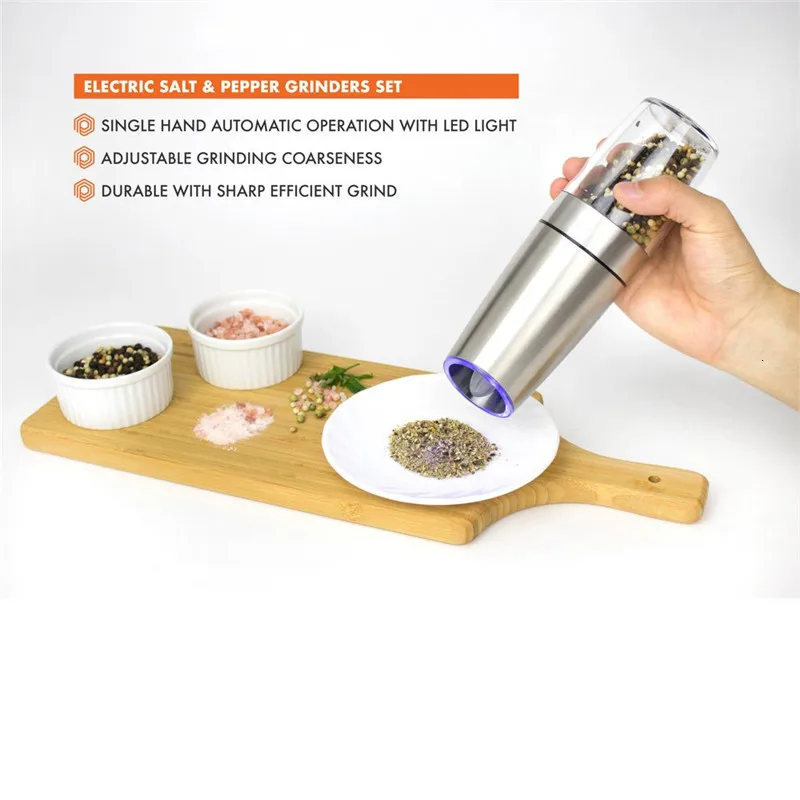 2-шт электрическая гравитационная мельница для соли и перца с металлической подставкой на батарейках кухонная мельница для специй с светодиодный светильник