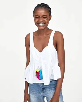 

2020 Spring And Summer New Style European Pom Tops zaraing vadiming sheining Women's Sleeveless Base Shirt