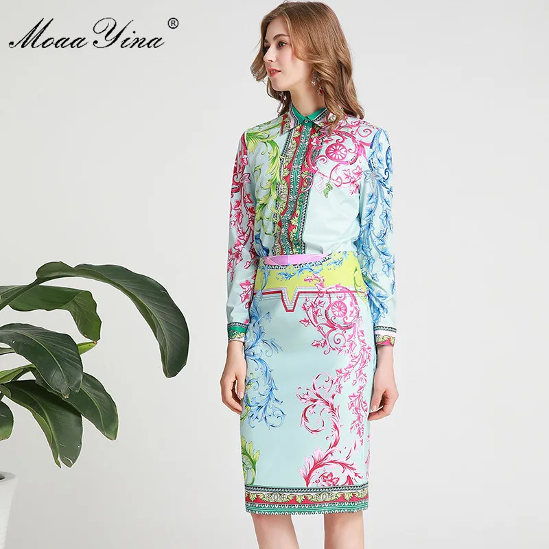 MoaaYina, модный дизайнерский костюм, весна-лето, женская рубашка с длинным рукавом и цветочным принтом, топы+ посылка, юбка для ягодиц, комплект из двух предметов