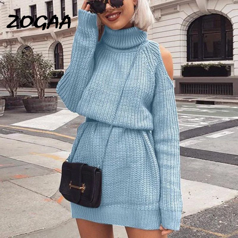 

ZOGAA 2019 Autumn Winter Turtleneck Off Shoulder Knitted Sweater Dress Women Solid Slim Plus Size Long Pullovers Knitting Jumper
