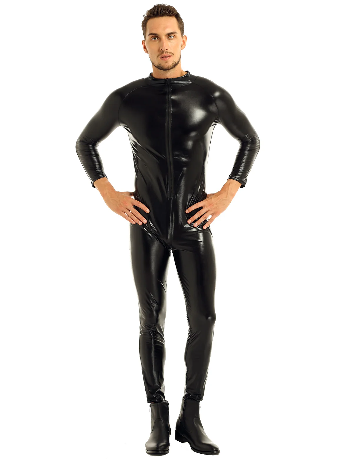 Мужское нижнее белье, костюм-комбинезон, Wetlook, передняя молния, полный комбинезон, Клубная одежда, сексуальный костюм для танцев, рейв-одежда