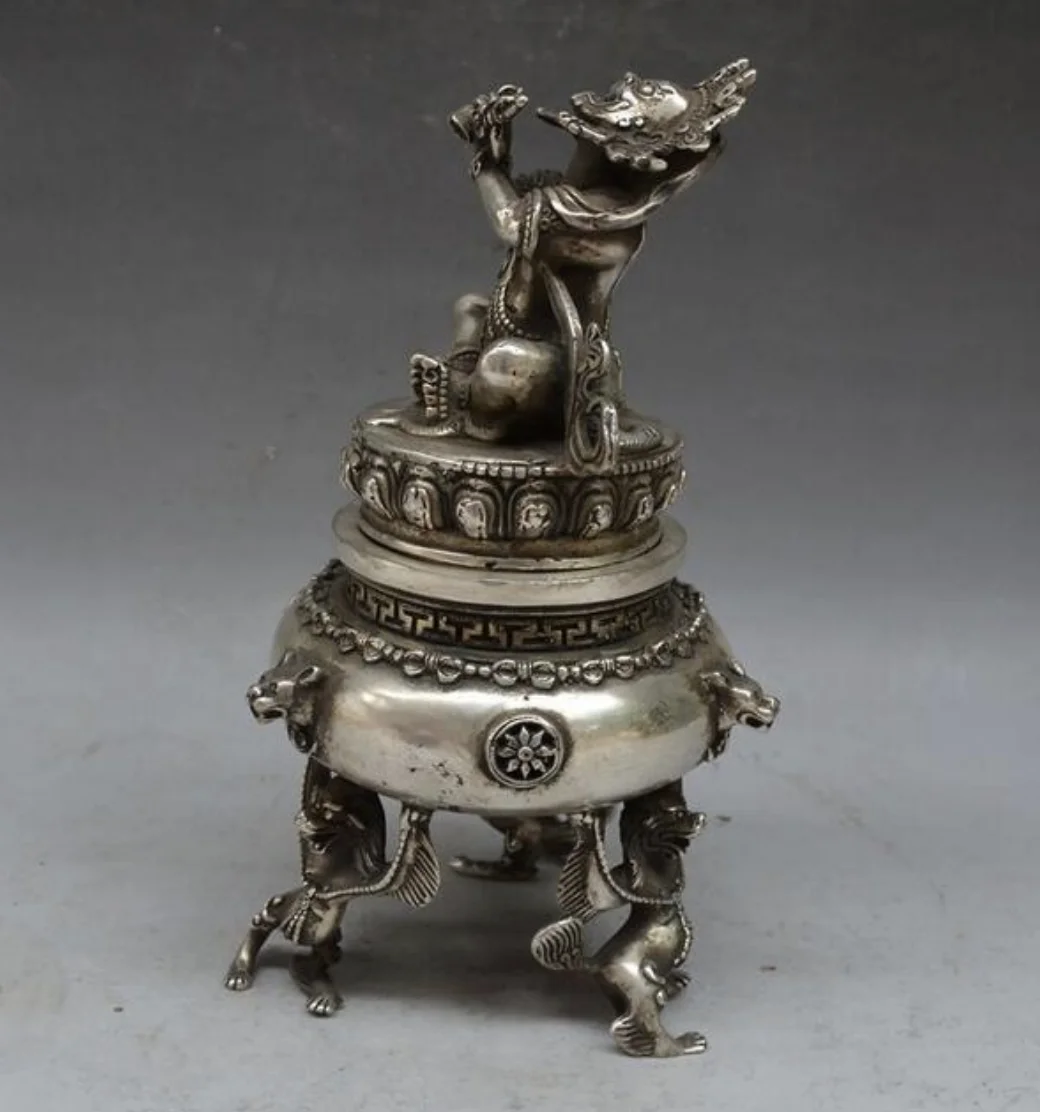 

Tibet Tibetan Silver Bronze Mahakala Buddha Incense Burner Censer